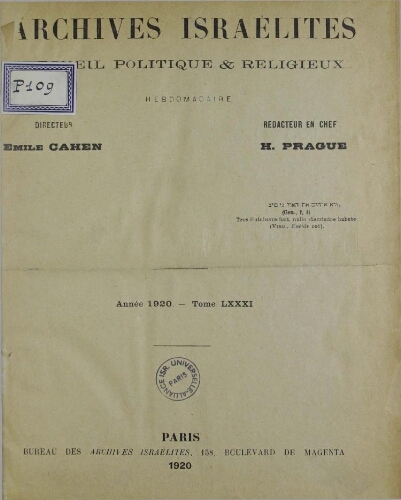 Archives israélites de France. Vol.81 N° Table des Matières